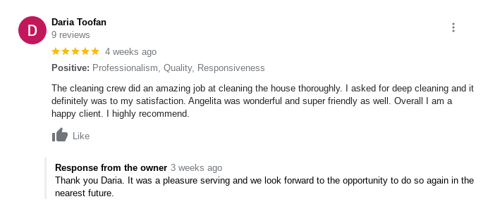 A screenshot of a customer review for a cleaning company.