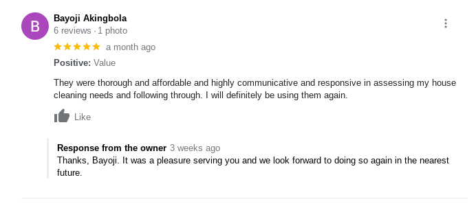 A screenshot of a customer review for a cleaning service.