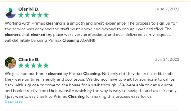 A screenshot of a customer review for a cleaning company.