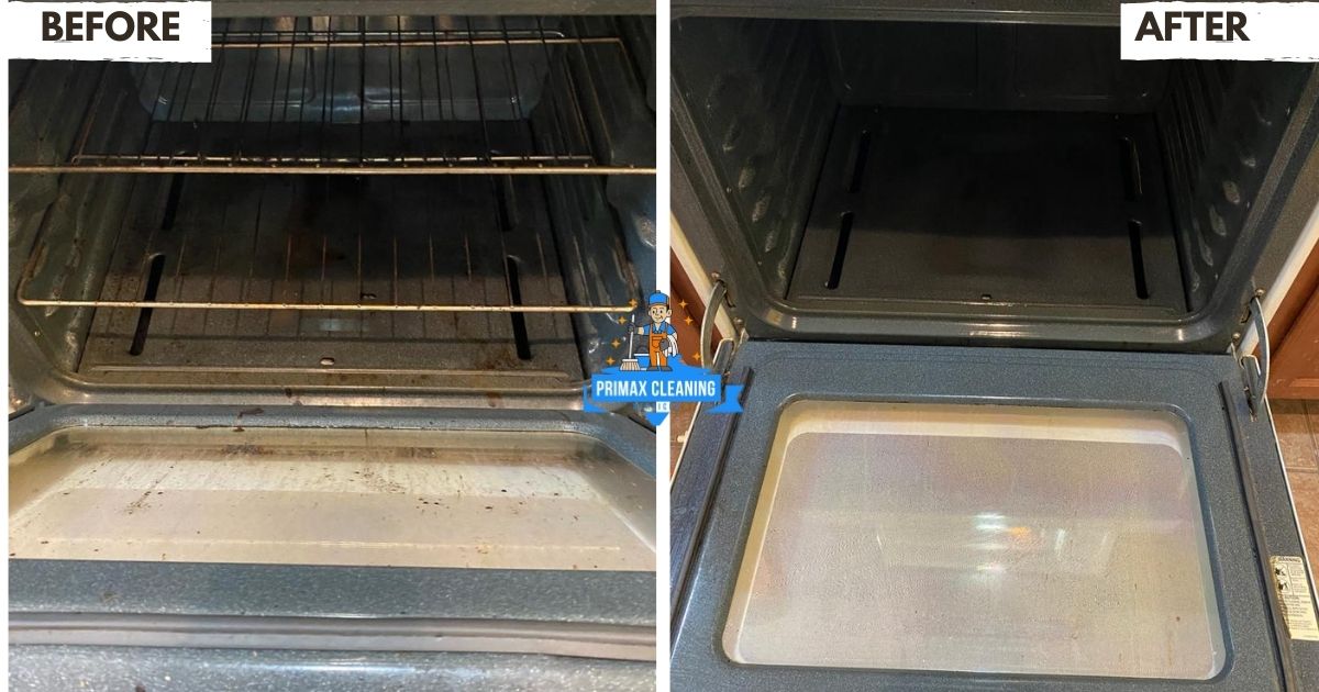 Side-by-side comparison of an oven before and after cleaning. The left image shows a dirty oven interior, while the right image shows it cleaned and shiny.
