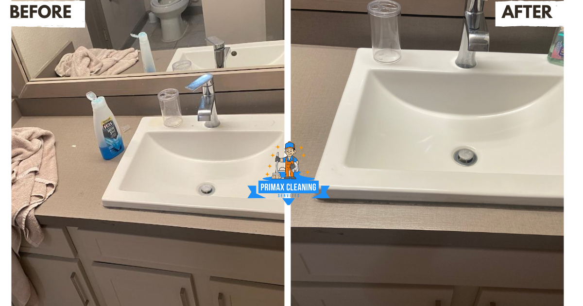 Side-by-side comparison of a bathroom sink before and after cleaning, showing clutter and dirt removed, leaving a tidy and clean surface.