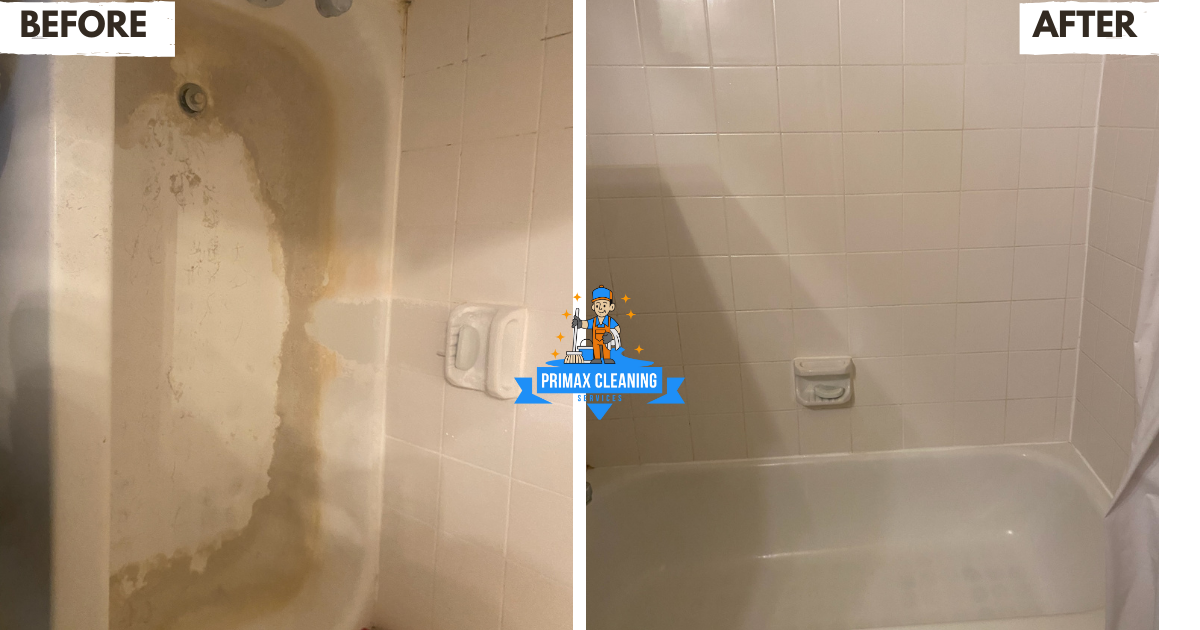 Side-by-side comparison of a bathtub: left side shows heavy stains; right side is clean and white. "Before" and "After" text labels are visible at the top.