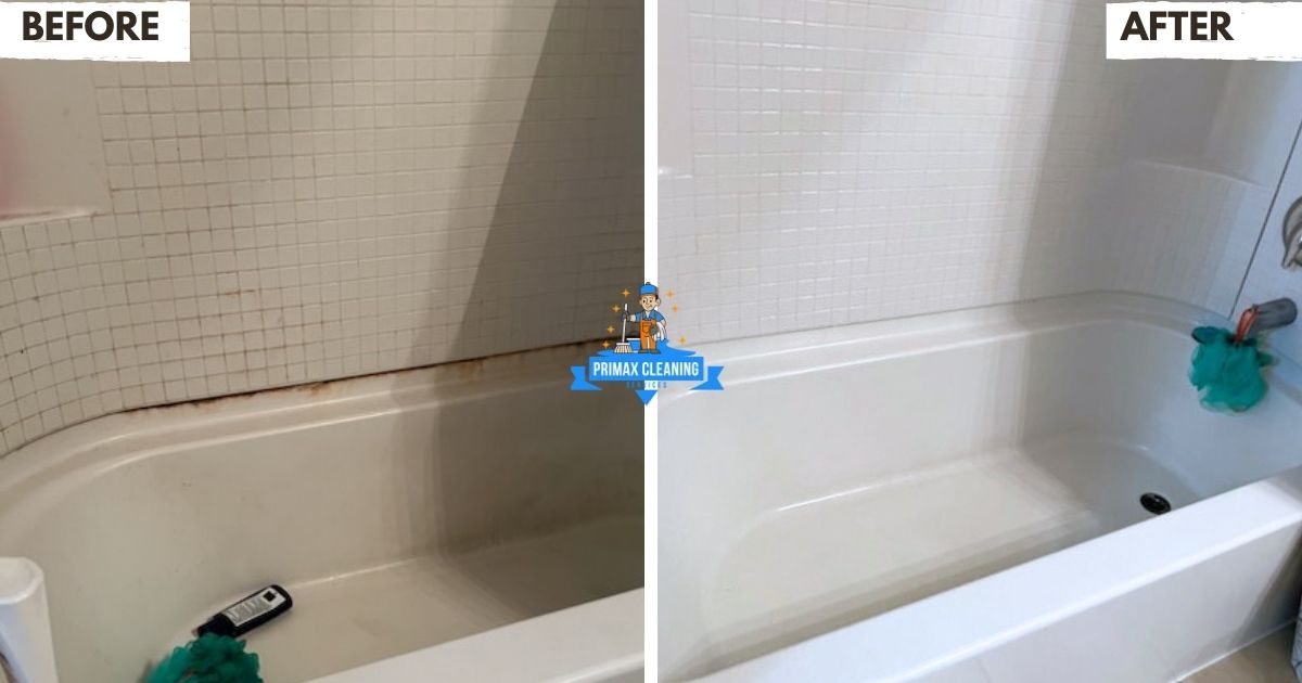 Side-by-side comparison of a bathtub before and after cleaning, showing removal of dirt and grime.