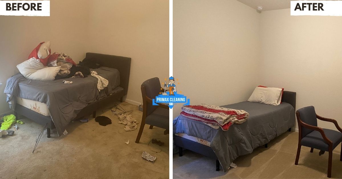 Side-by-side comparison of a bedroom before and after cleaning. The "before" shows a messy room with clothes and items on the floor and bed. The "after" displays a neatly made bed and tidy floor.