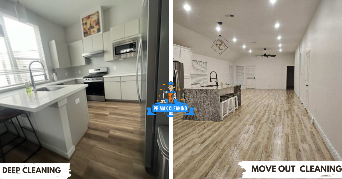 Side-by-side comparison of kitchen deep cleaning and move-out cleaning. Left: clean kitchen with appliances. Right: empty, clean kitchen space with minimal decor.
