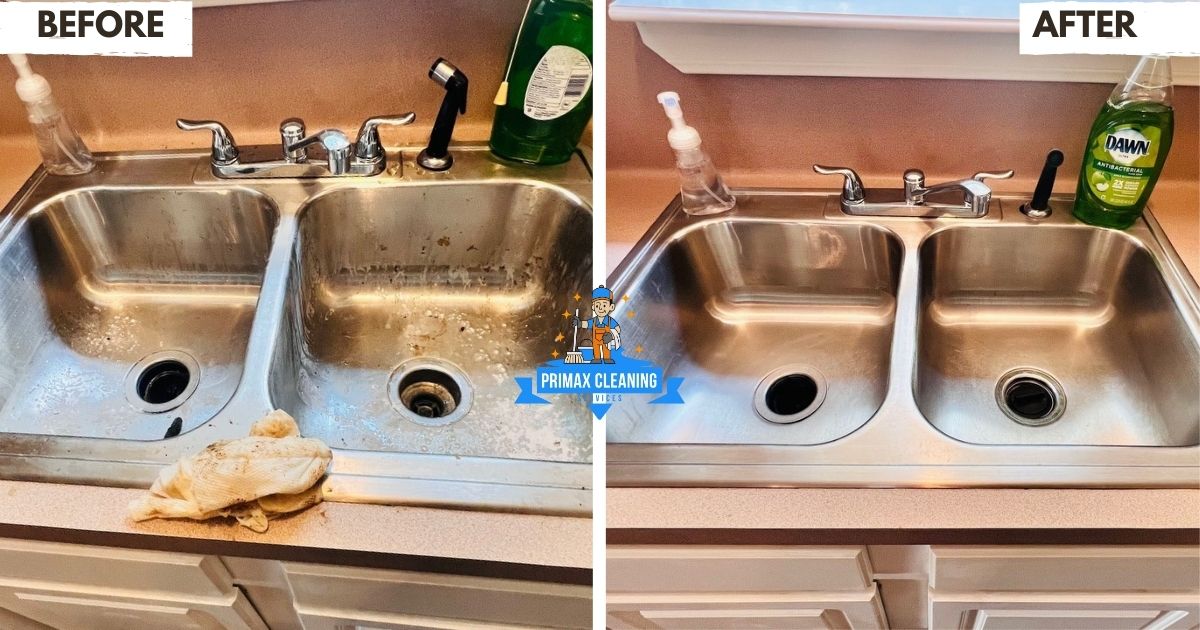 Before and after comparison of a kitchen sink. The left side shows a dirty sink with stains and a sponge, while the right side shows a clean and polished sink with cleaning products visible.