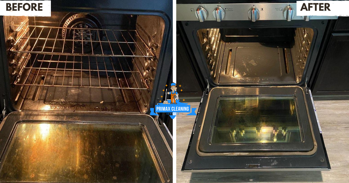 Side-by-side comparison of an oven, dirty on the left and clean on the right, with "Before" and "After" labels indicating a cleaning service result.