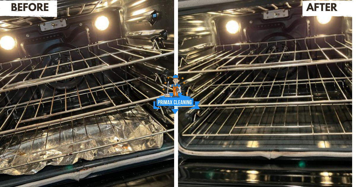 Side-by-side comparison of an oven before and after cleaning. The oven on the left has visible grime, while the one on the right appears clean and shiny.