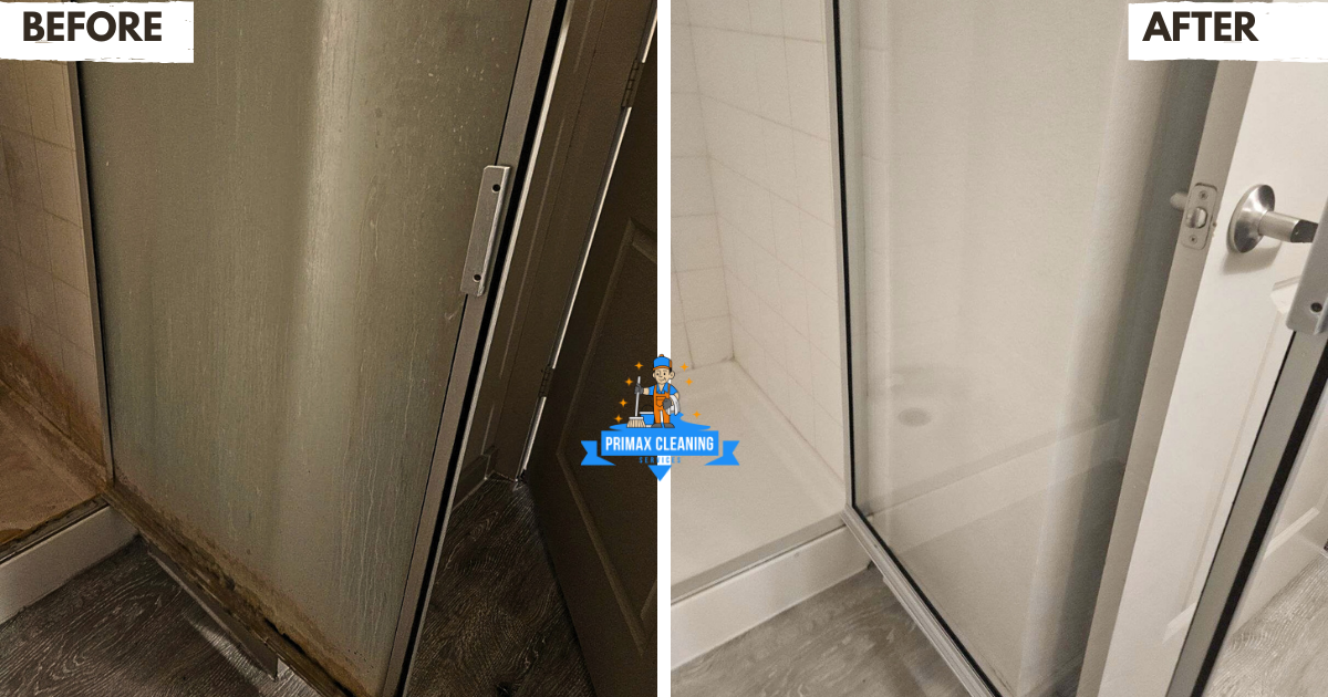 Side-by-side comparison of a shower door before and after cleaning. The left shows a dirty door with grime; the right shows a clean, clear door. "Priman Cleaning" logo in the center.