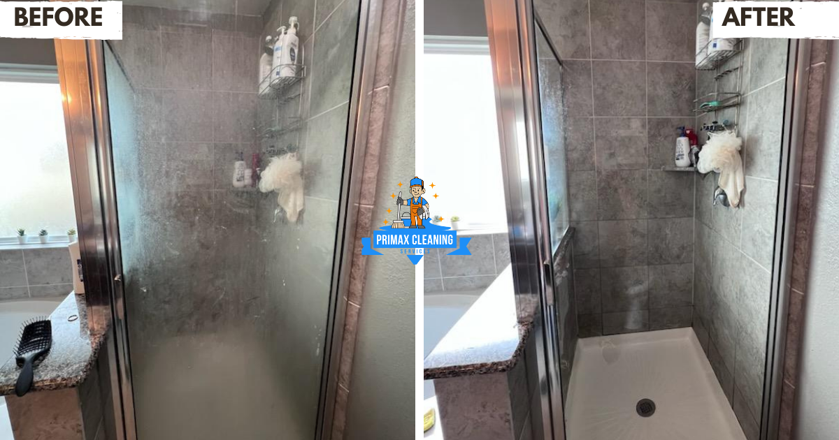 Split image of a shower: left side shows a dirty glass door, right side shows the cleaned, clear glass door. "Before" and "After" labels are at the top. Cleaning company logo in the center.