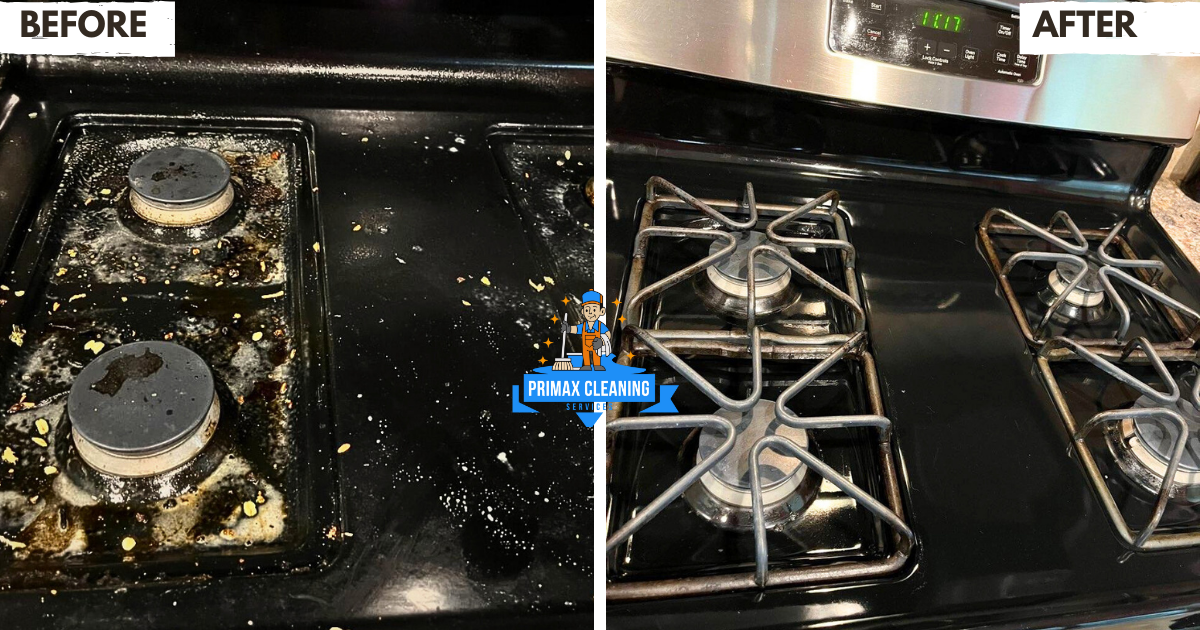 Side-by-side comparison of a stove before and after cleaning. The left side shows a dirty stove with food debris, and the right side shows the same stove clean and shiny.