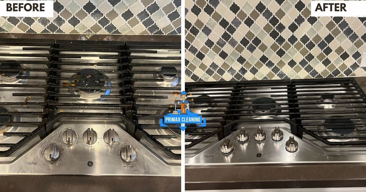 Split image of a stovetop: left shows it dirty with food debris; right shows it clean and shiny, with a contrasting tiled backsplash.