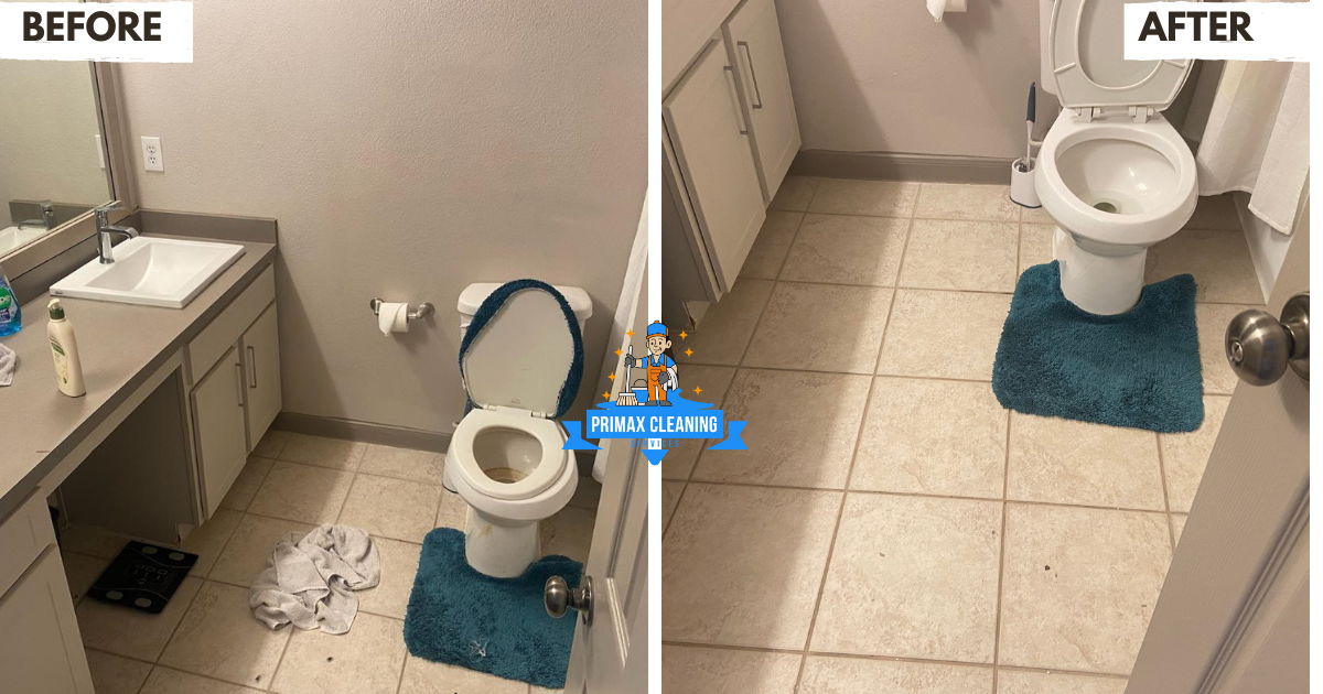 Bathroom cleaning comparison showing "before" with a messy sink and toilet, and "after" with a tidier space. Blue rug under toilet in both images.